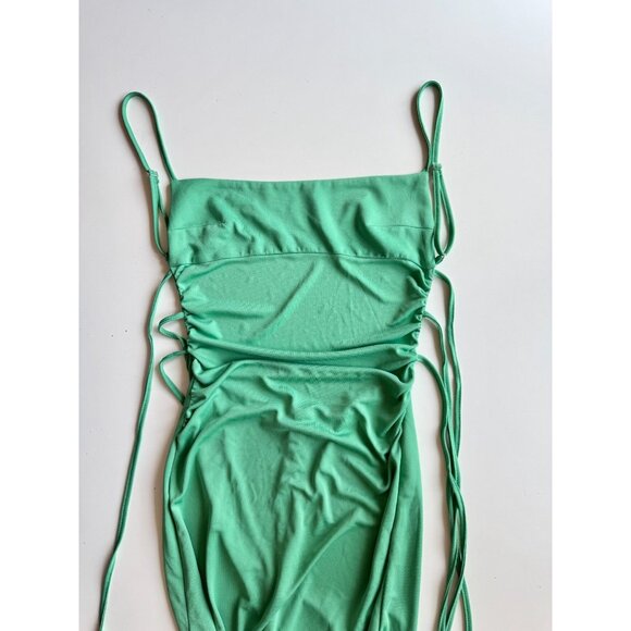ZARA Green Jersey Ruched Square Neck Open Back Tie Maxi Dress, Size S - Picture 5 of 15